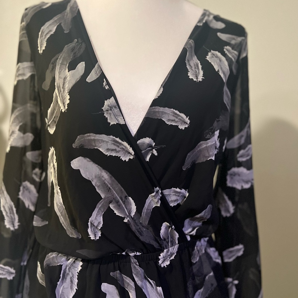 Black Wrap Dress with White Feather Print